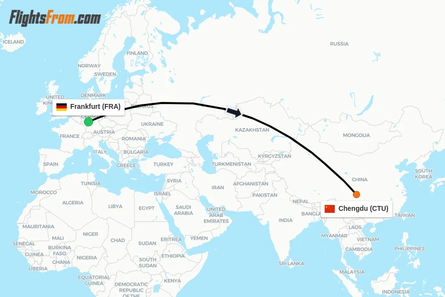 Flights from Frankfurt to Chengdu route map
