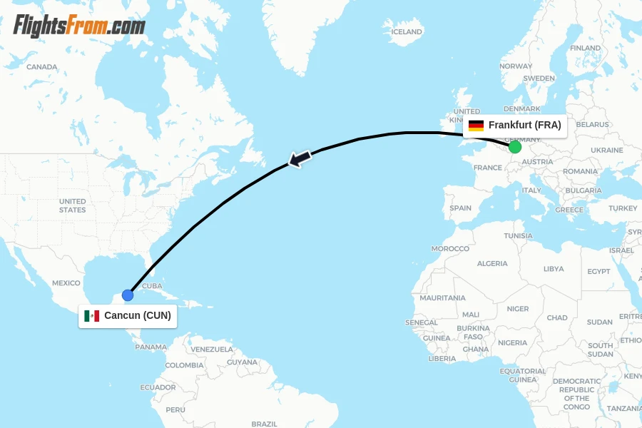 Flights from Frankfurt to Cancun route map