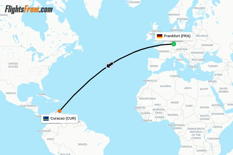Flights from Frankfurt to Curacao route map
