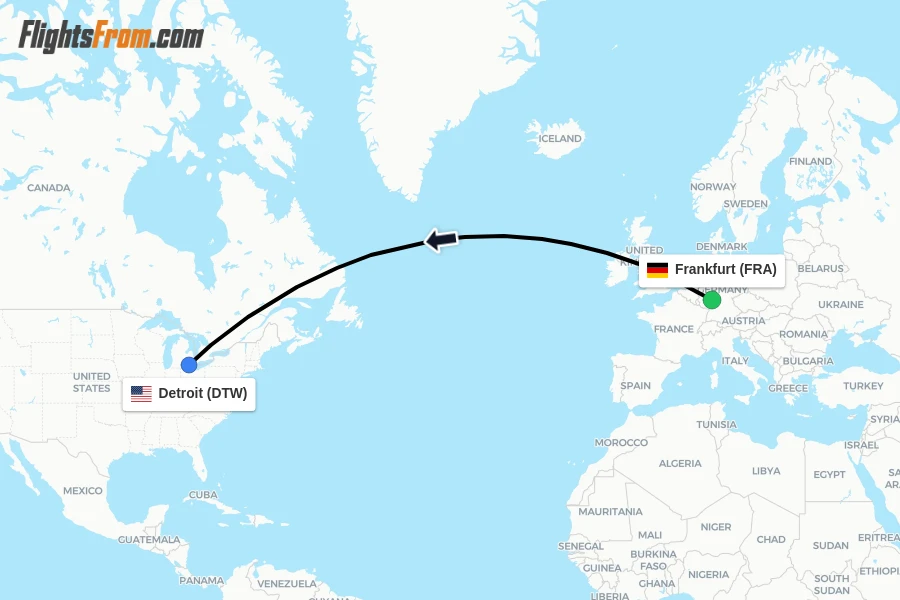 Flights from Frankfurt to Detroit route map