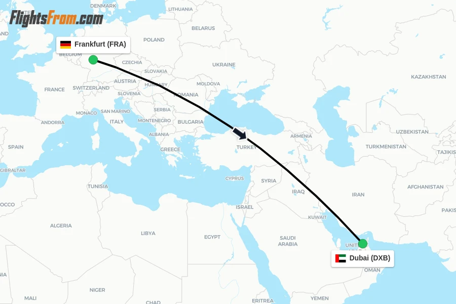 Flights from Frankfurt to Dubai route map
