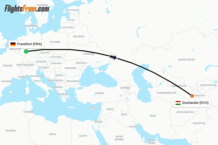 Flights from Frankfurt to Dushanbe route map