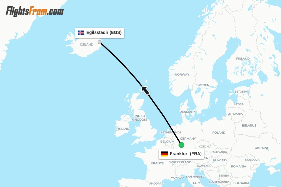 Flights from Frankfurt to Egilsstadir route map