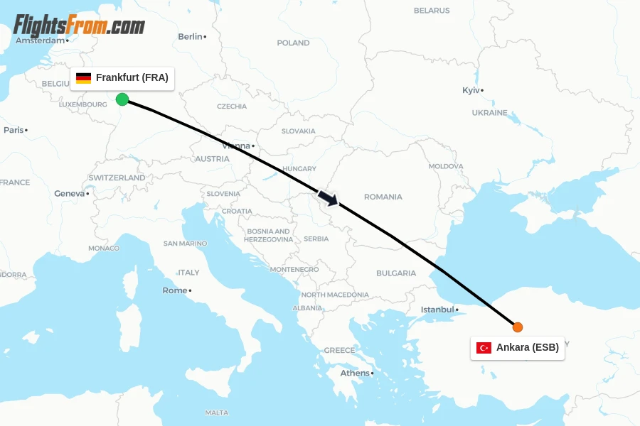Flights from Frankfurt to Ankara route map