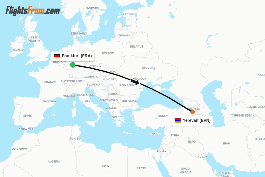 Flights from Frankfurt to Yerevan route map