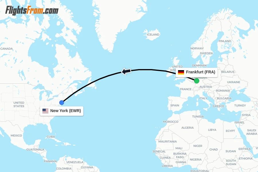 Flights from Frankfurt to New York route map