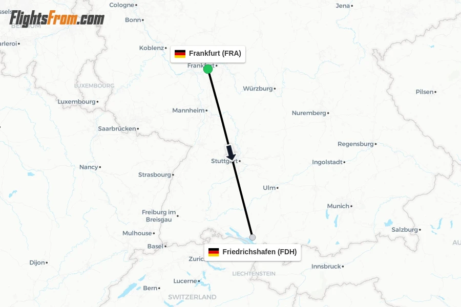 Flights from Frankfurt to Friedrichshafen route map