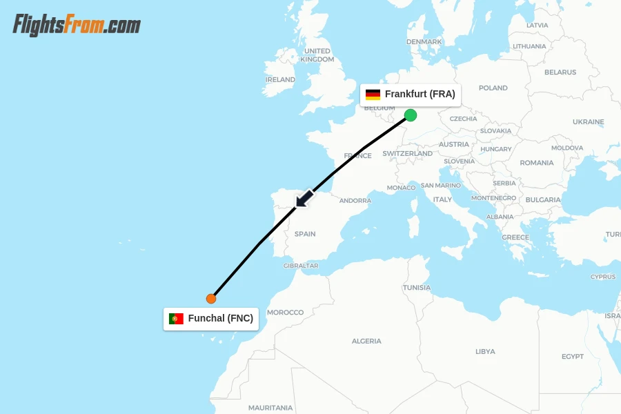 Flights from Frankfurt to Funchal route map