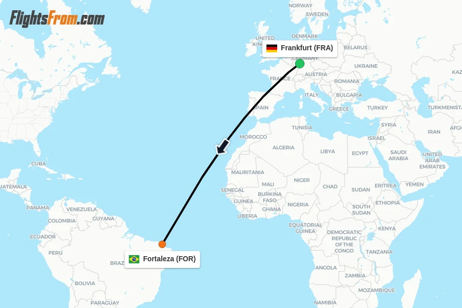 Flights from Frankfurt to Fortaleza route map