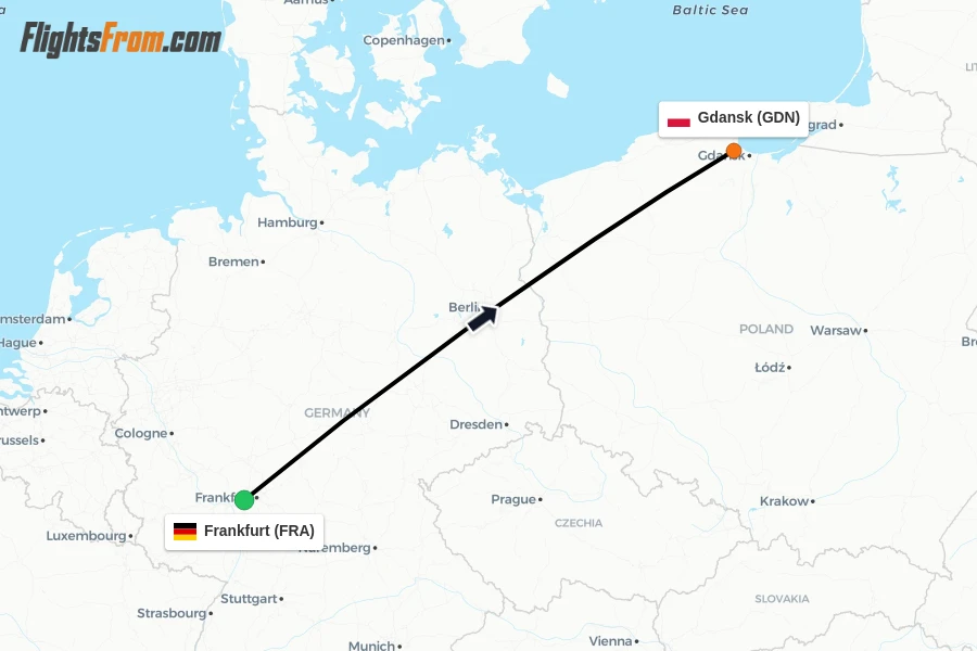 Flights from Frankfurt to Gdansk route map