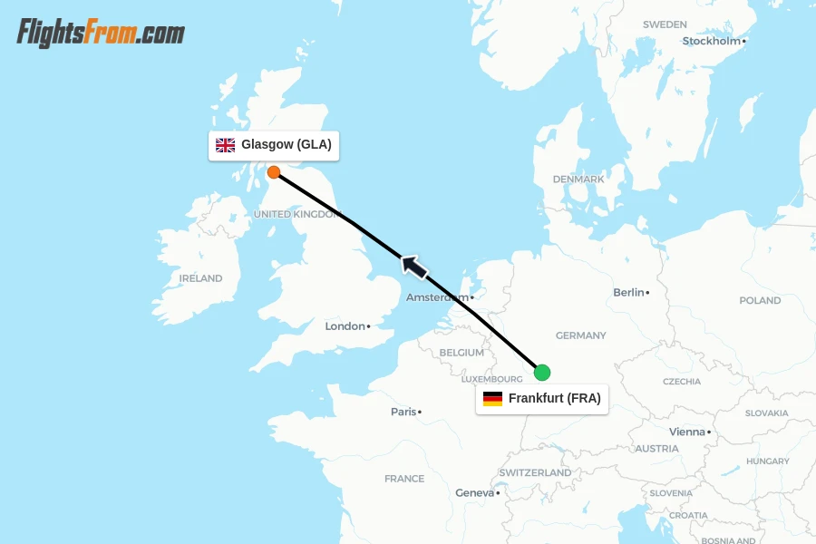 Flights from Frankfurt to Glasgow route map