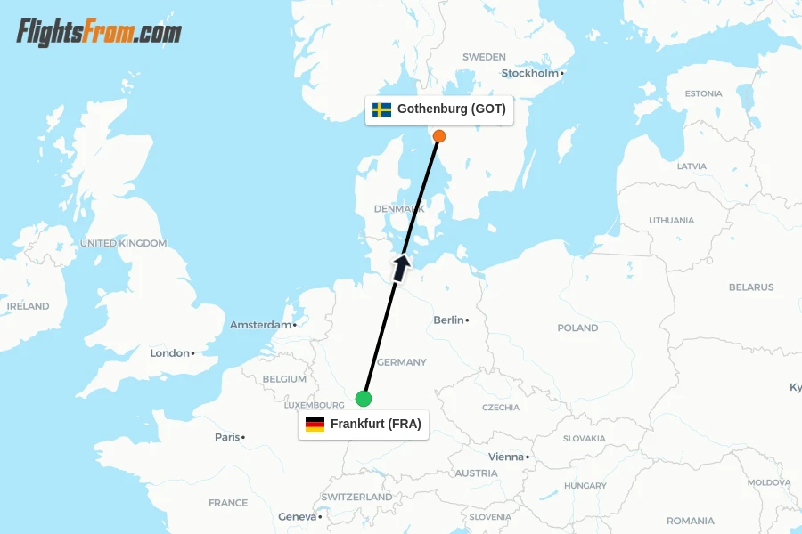 Flights from Frankfurt to Gothenburg route map