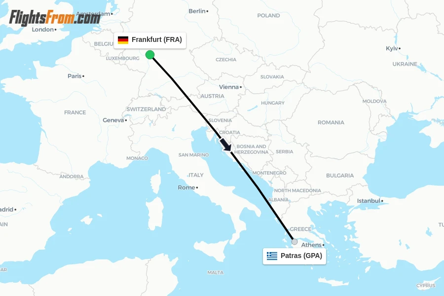 Flights from Frankfurt to Patras route map