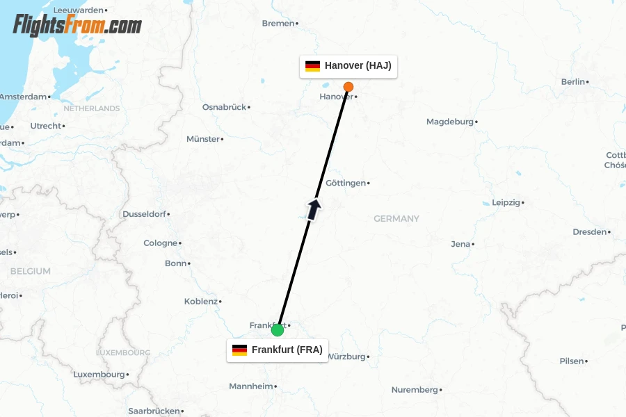 Flights from Frankfurt to Hanover route map