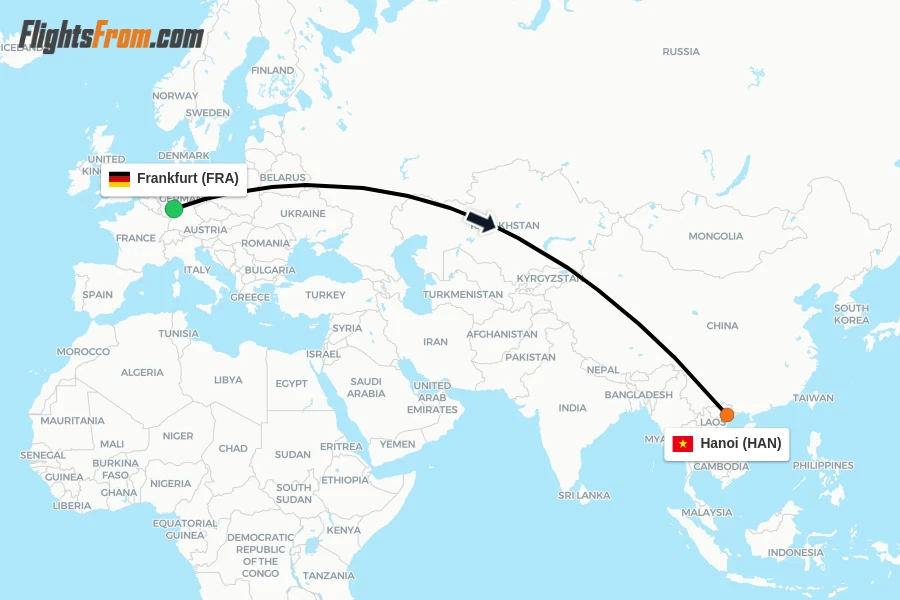 Flights from Frankfurt to Hanoi route map