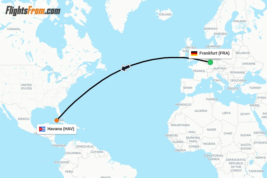 Flights from Frankfurt to Havana route map