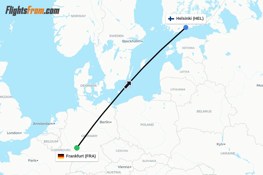 Flights from Frankfurt to Helsinki route map
