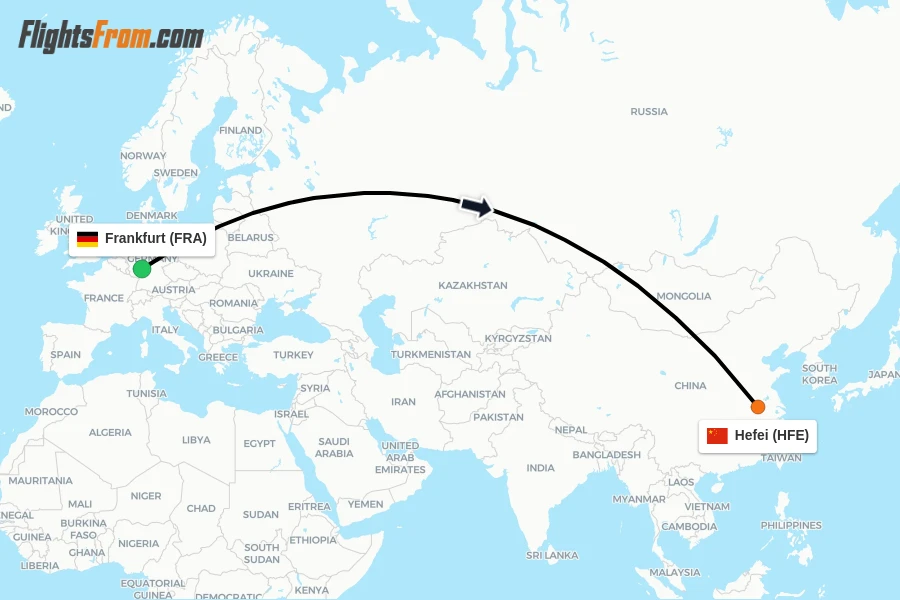 Flights from Frankfurt to Hefei route map