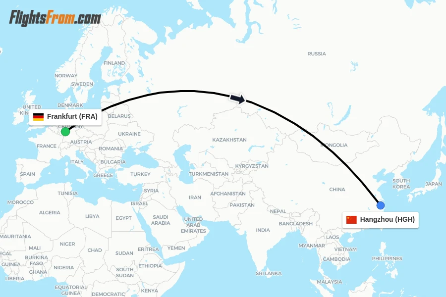 Flights from Frankfurt to Hangzhou route map