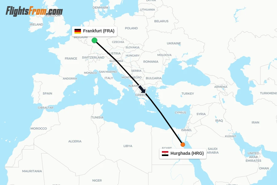 Flights from Frankfurt to Hurghada route map