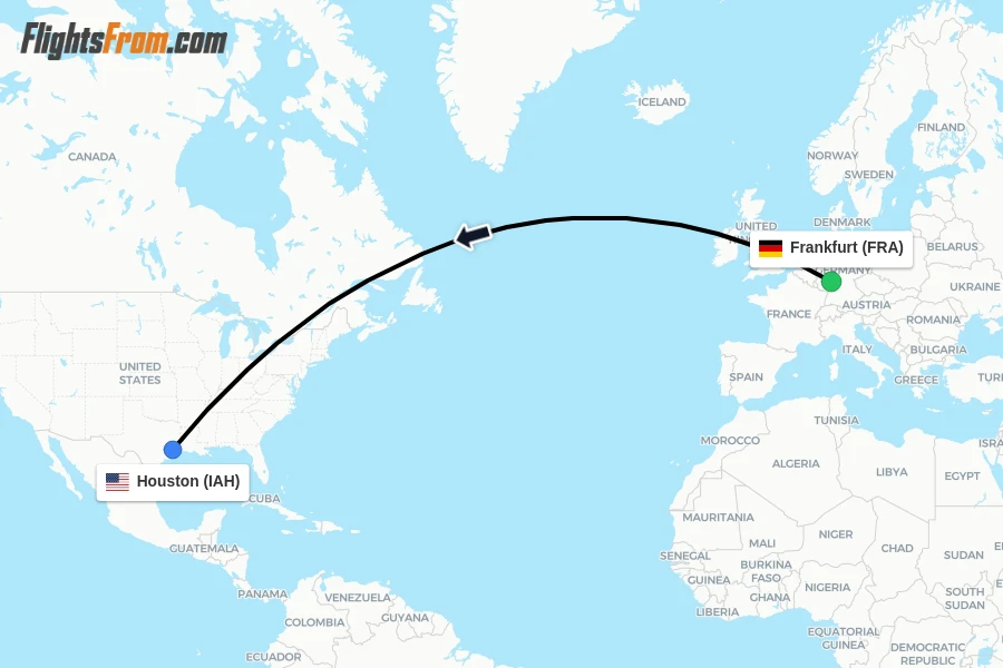 Flights from Frankfurt to Houston route map