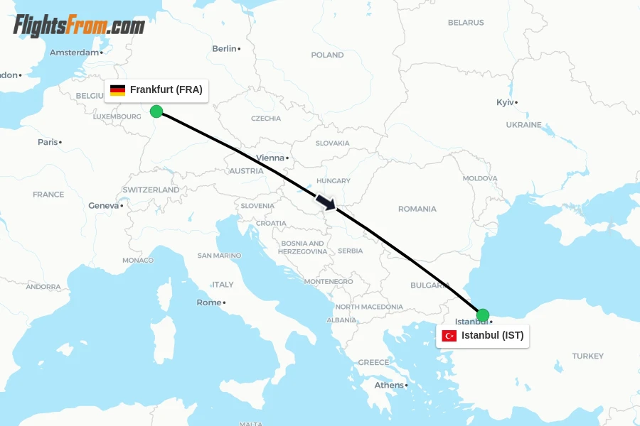Flights from Frankfurt to Istanbul route map