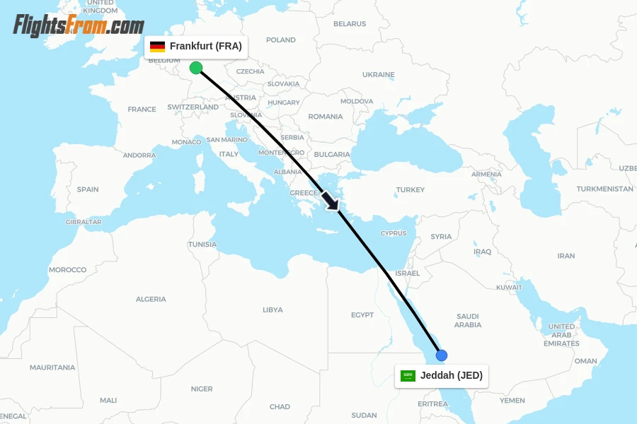 Flights from Frankfurt to Jeddah route map