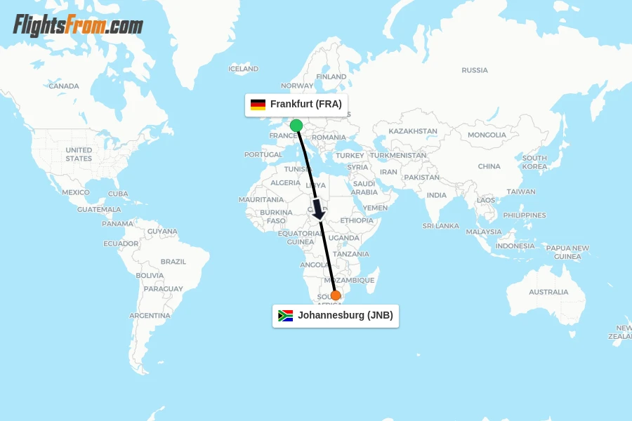 Flights from Frankfurt to Johannesburg route map