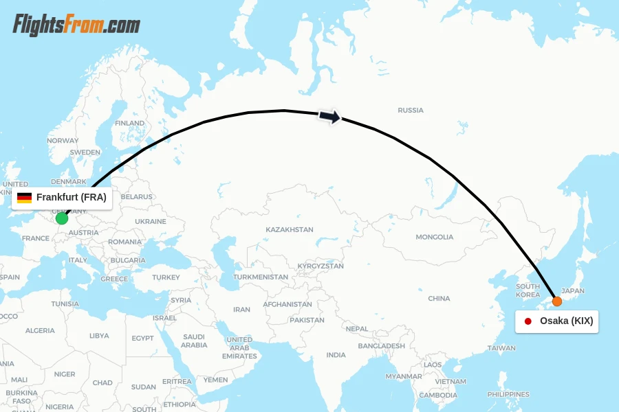 Flights from Frankfurt to Osaka route map