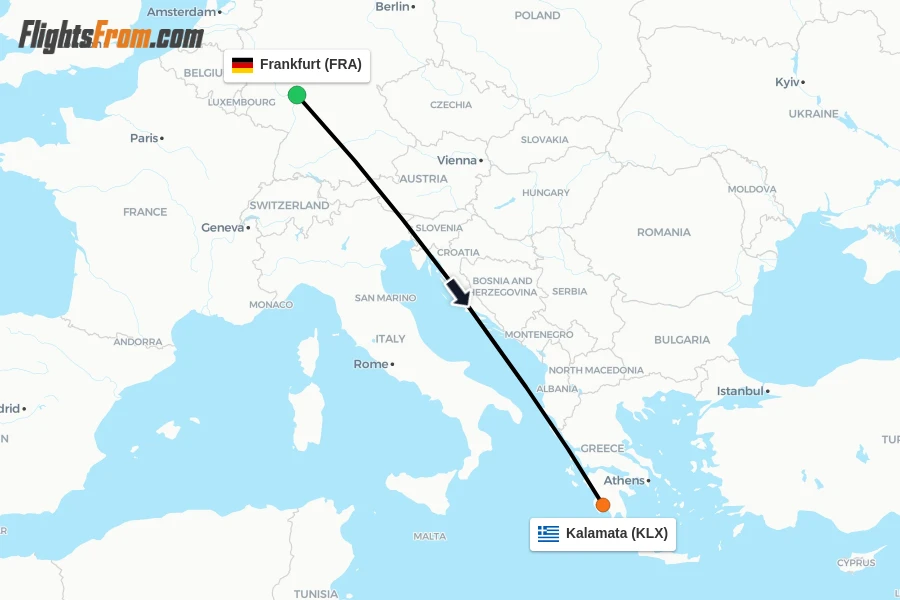 Flights from Frankfurt to Kalamata route map