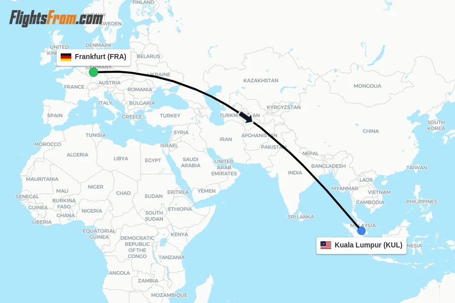 Flights from Frankfurt to Kuala Lumpur route map