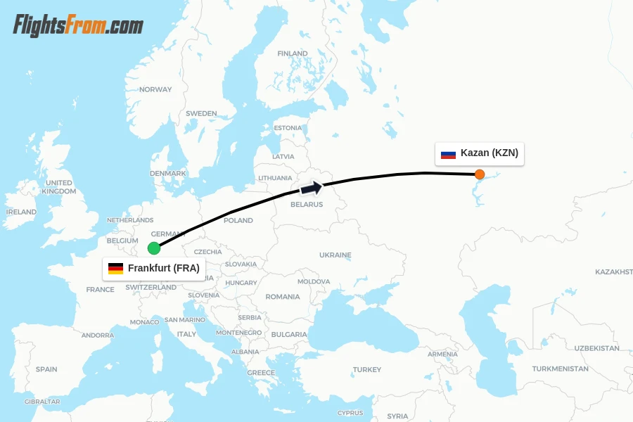 Flights from Frankfurt to Kazan route map