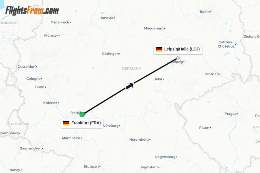 Flights from Frankfurt to Leipzig/Halle route map