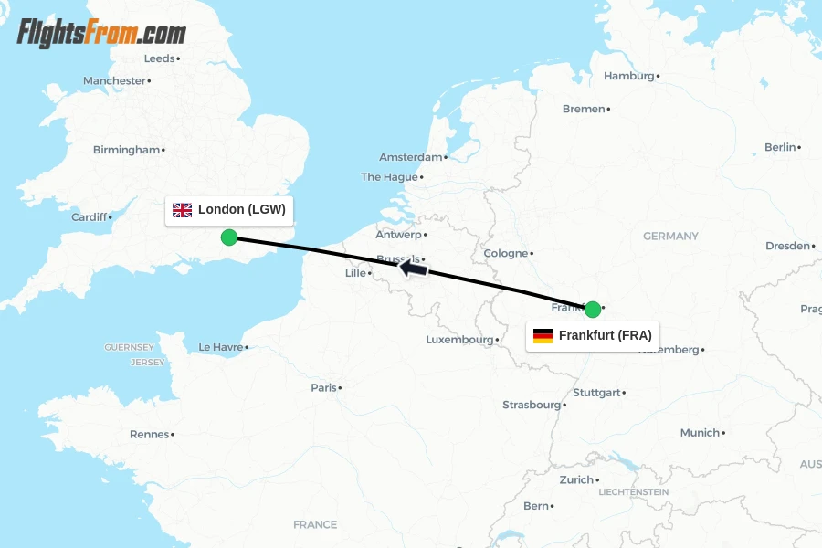 Flights from Frankfurt to London route map