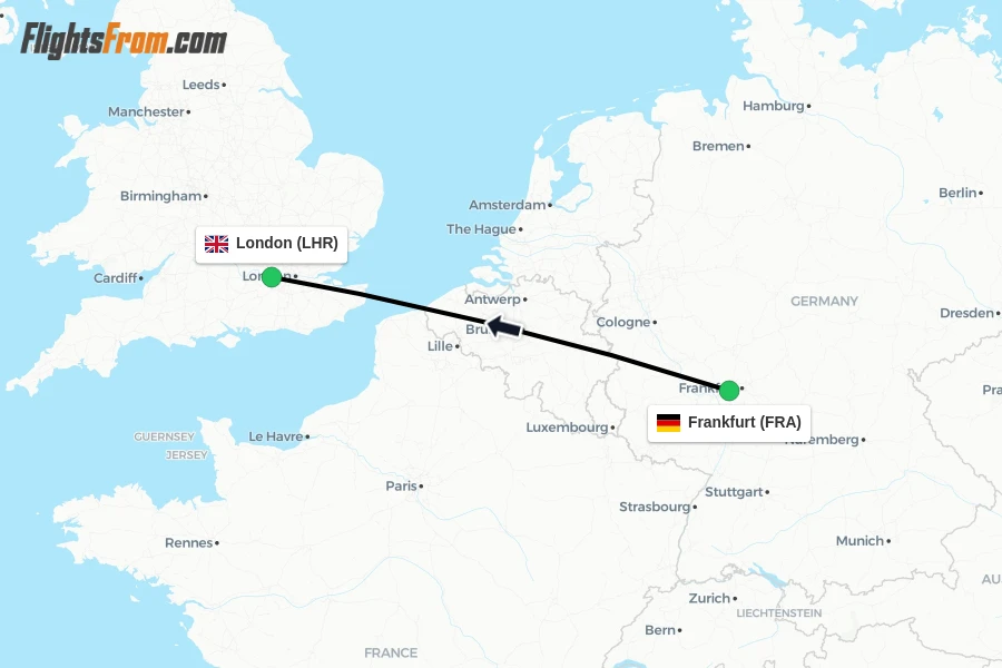 Flights from Frankfurt to London route map
