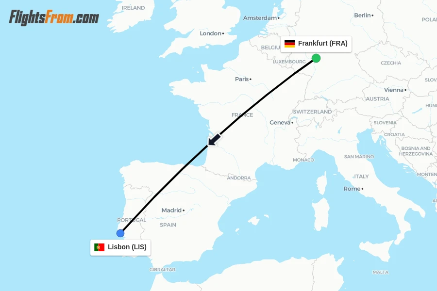 Flights from Frankfurt to Lisbon route map