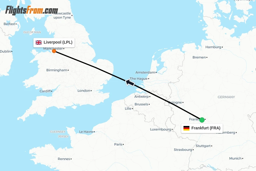 Flights from Frankfurt to Liverpool route map