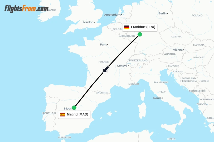 Flights from Frankfurt to Madrid route map