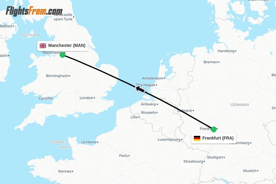 Flights from Frankfurt to Manchester route map