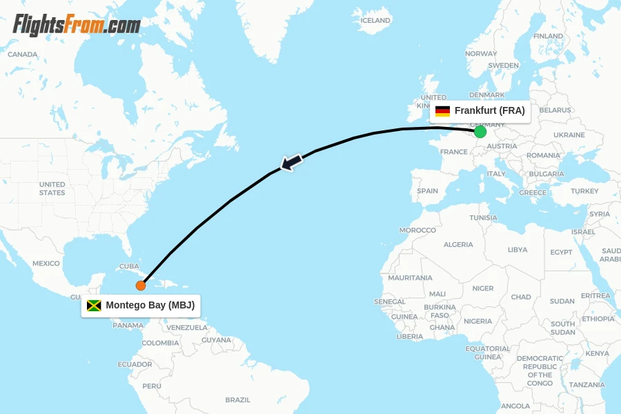 Flights from Frankfurt to Montego Bay route map