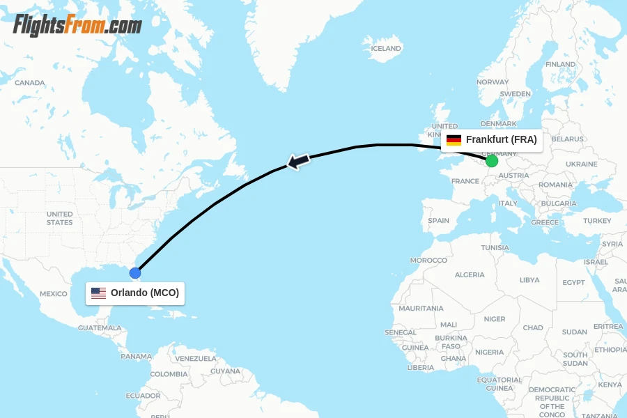 Flights from Frankfurt to Orlando route map