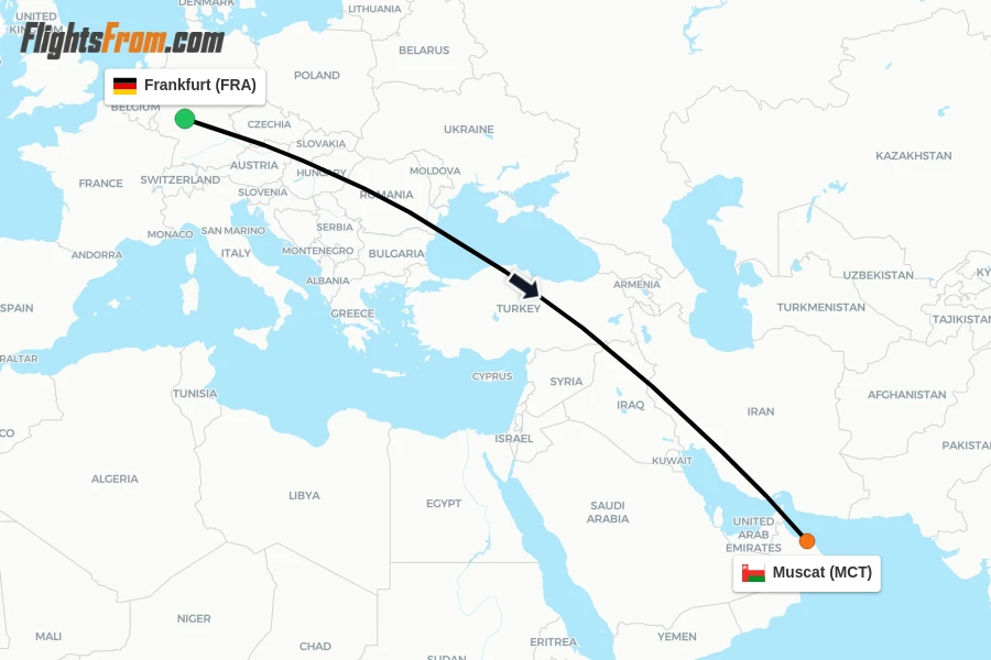 Flights from Frankfurt to Muscat route map