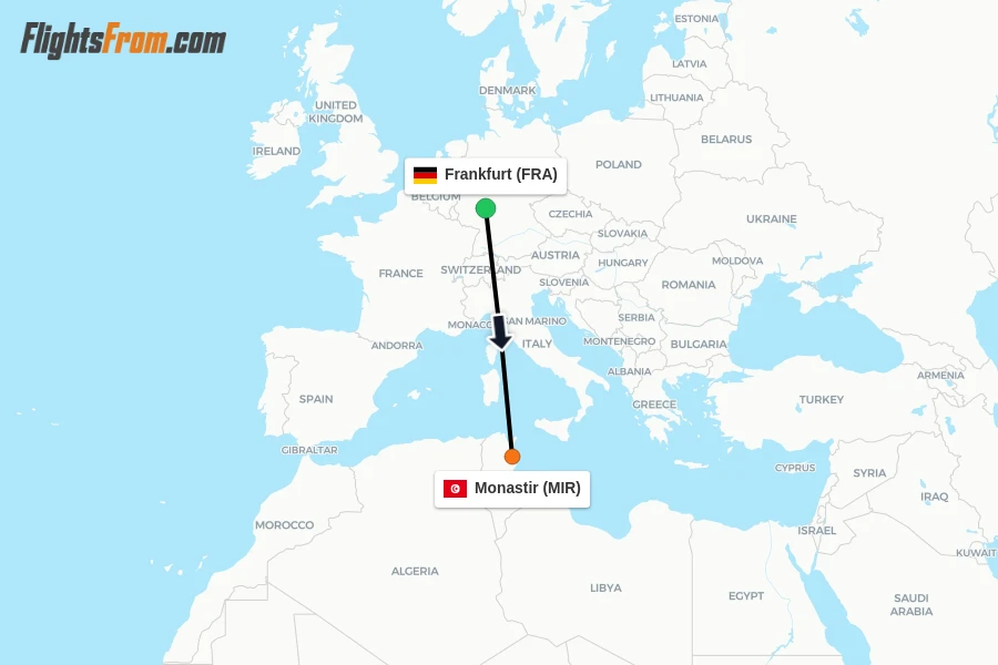 Flights from Frankfurt to Monastir route map