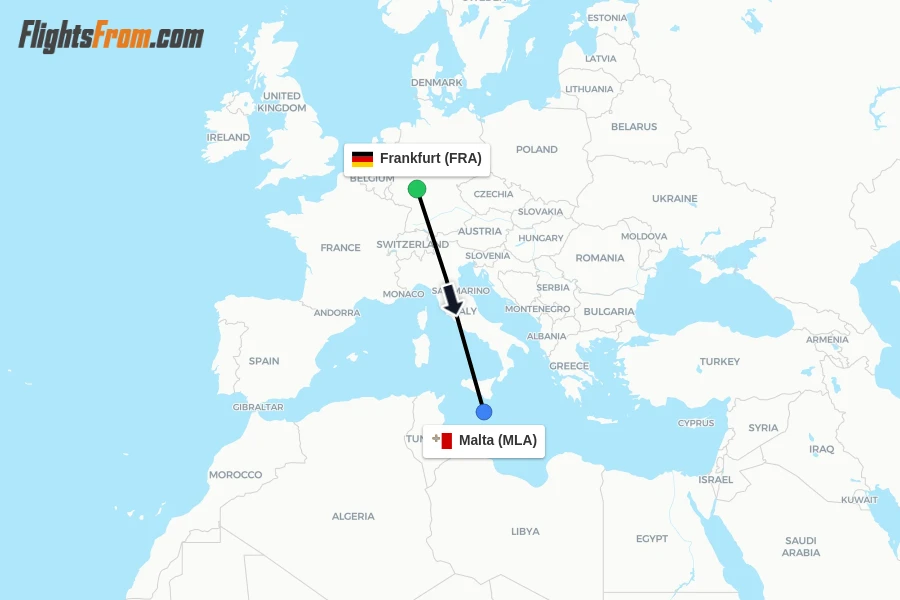 Flights from Frankfurt to Malta route map