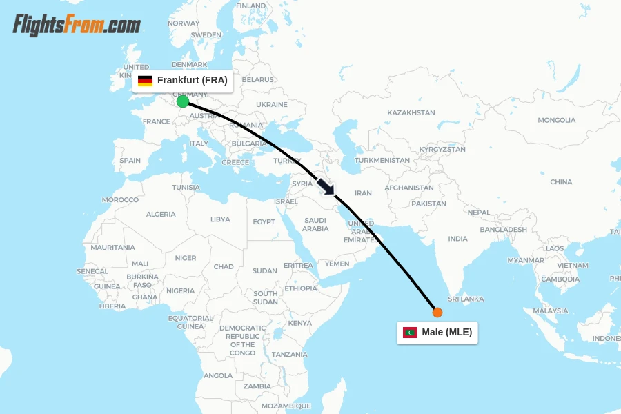 Flights from Frankfurt to Male route map