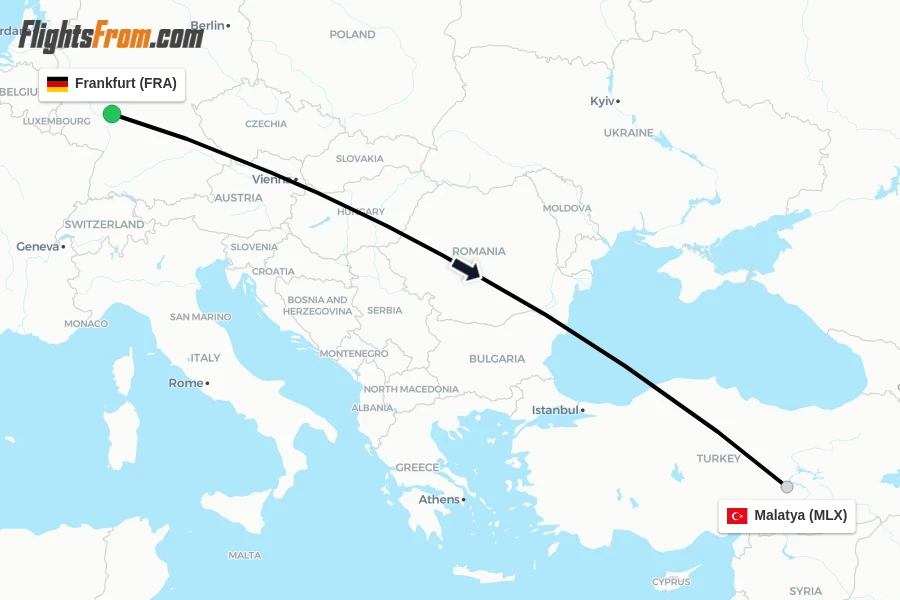 Flights from Frankfurt to Malatya route map