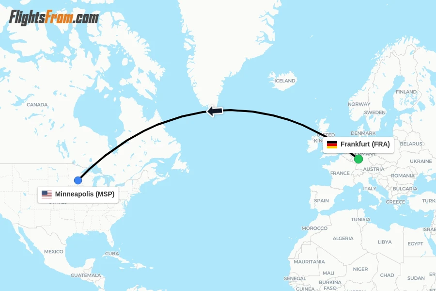 Flights from Frankfurt to Minneapolis route map