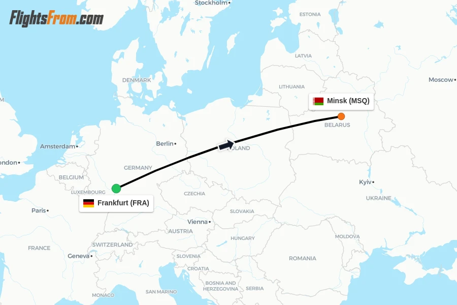 Flights from Frankfurt to Minsk route map
