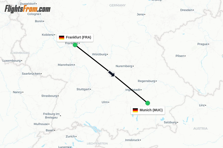 Flights from Frankfurt to Munich route map
