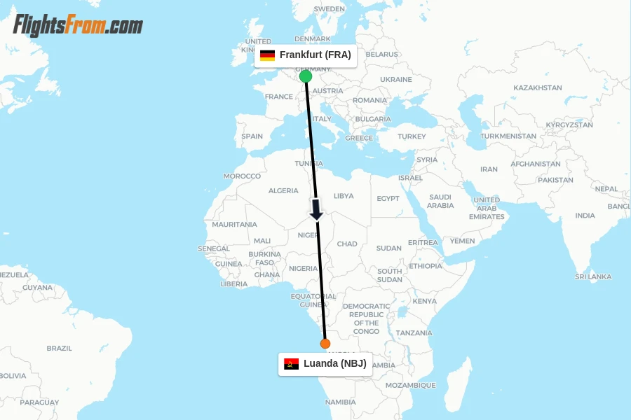 Flights from Frankfurt to Luanda route map